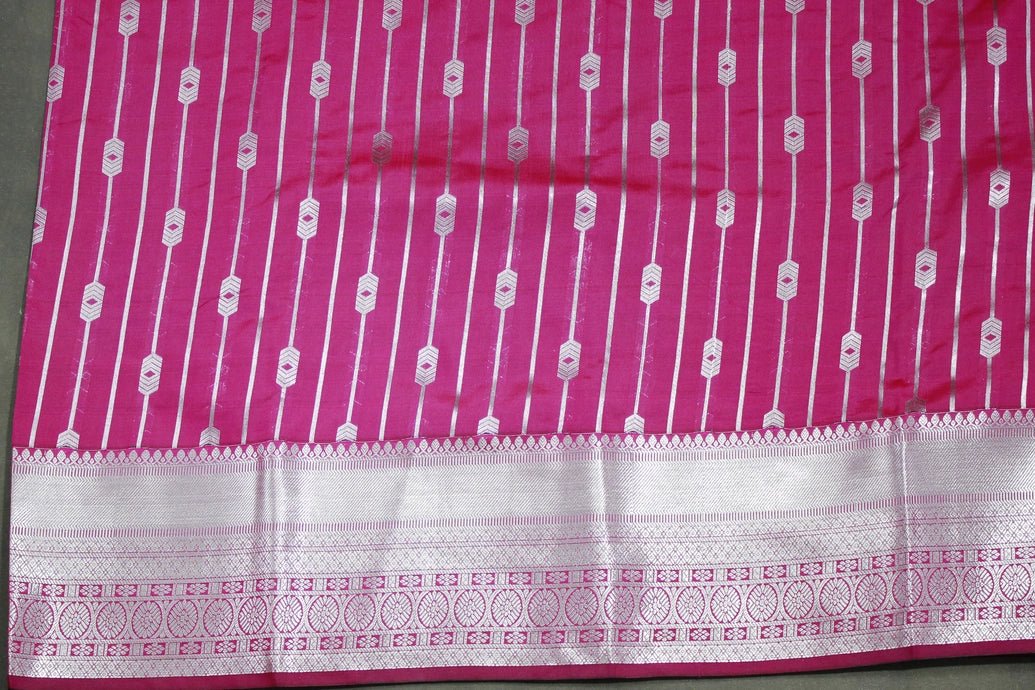 Magenta Pink Bridal Vaira Oosi Saree with Silver Zari Border and Matching Blouse, Soft Silk
