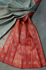 Pastel Blue Kubera Silk Pattu Saree with Design Border, Blouse Piece & Visiri Folding
