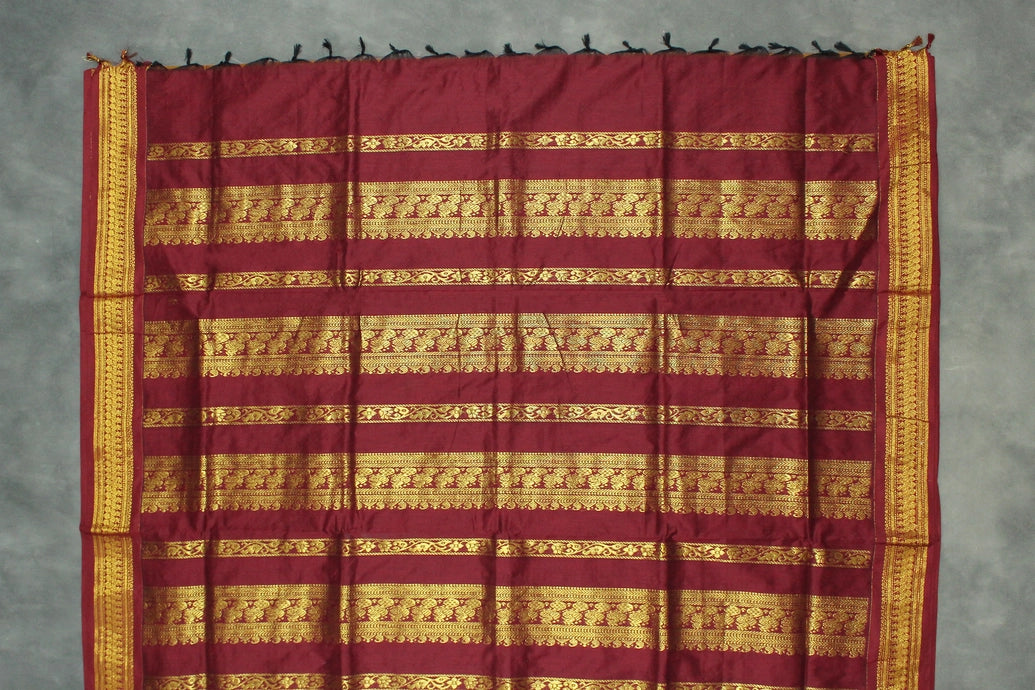 Silk Cotton Brown Saree with Maroon Grand Pallu and Thick Zari Border