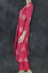 Pink Cotton 3-Piece Kurti Set with V-Neck Work, Elastic Pant & Chiffon Dupatta