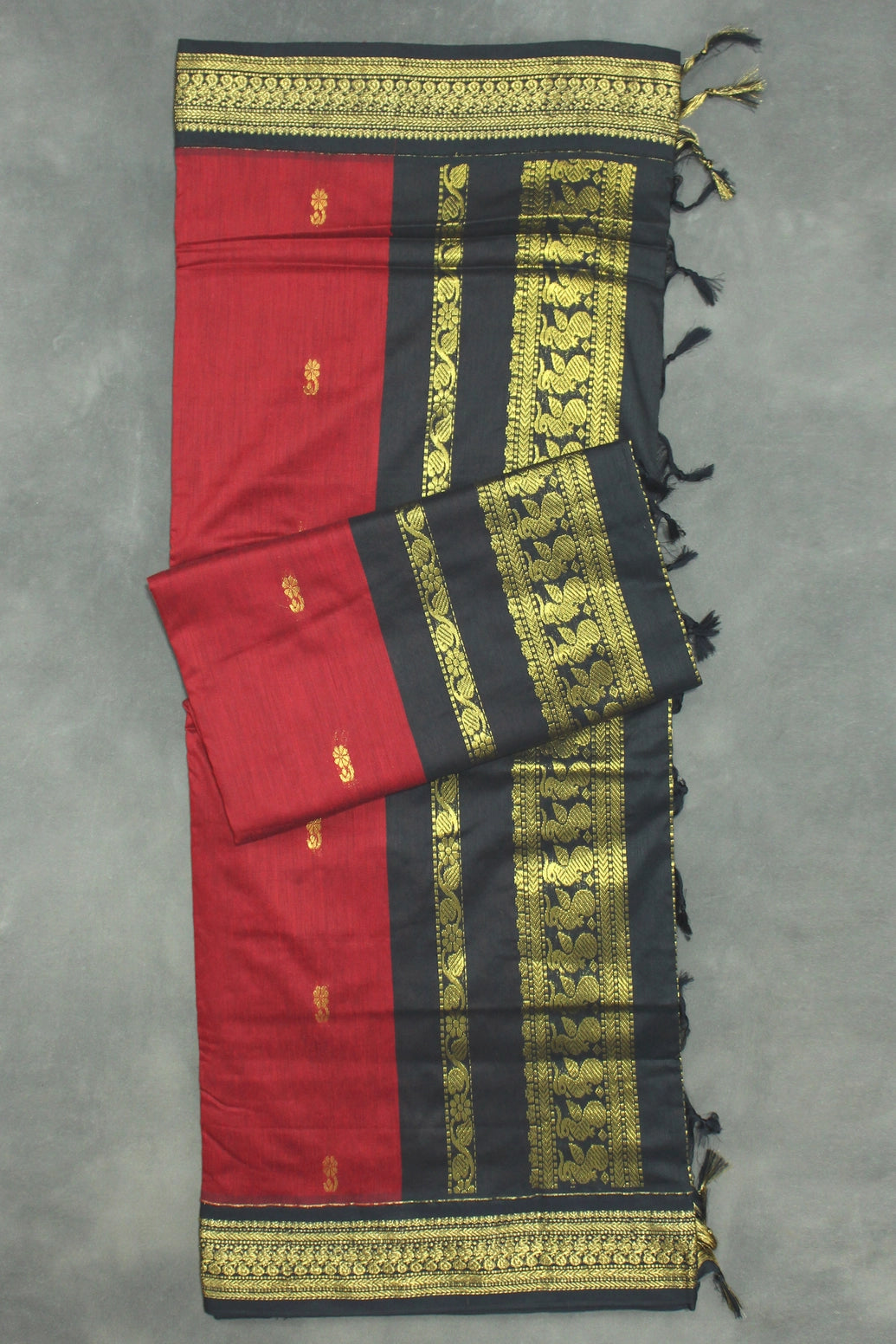 Kalyani Dark Red Cotton Saree with Black Golden Zari Border and Putta Motifs - Blouse Included Saree JCS Fashions