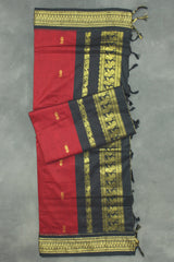Kalyani Dark Red Cotton Saree with Black Golden Zari Border and Putta Motifs - Blouse Included Saree JCS Fashions