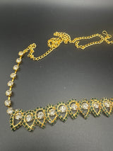 Gold-Tone Green Stone Hip Chain with Clear Round Stones and Teardrop Scalloped Design Jewelry JCS Fashions