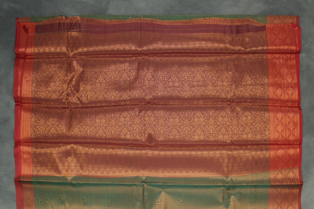 Green Kubera Pattu Bridal Saree with Full Zari Body and Maroon-Gold Border