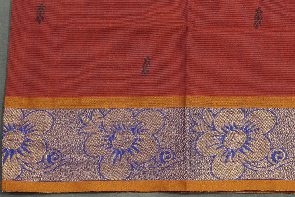 Brown Poly Cotton Butta Saree with Both-Side Zari Floral Border and Striped Pallu Saree JCS Fashions