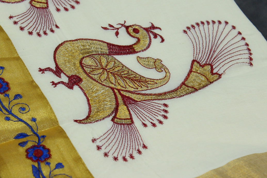 Pure Kerala Cotton White Saree with Peacock Zari Embroidery