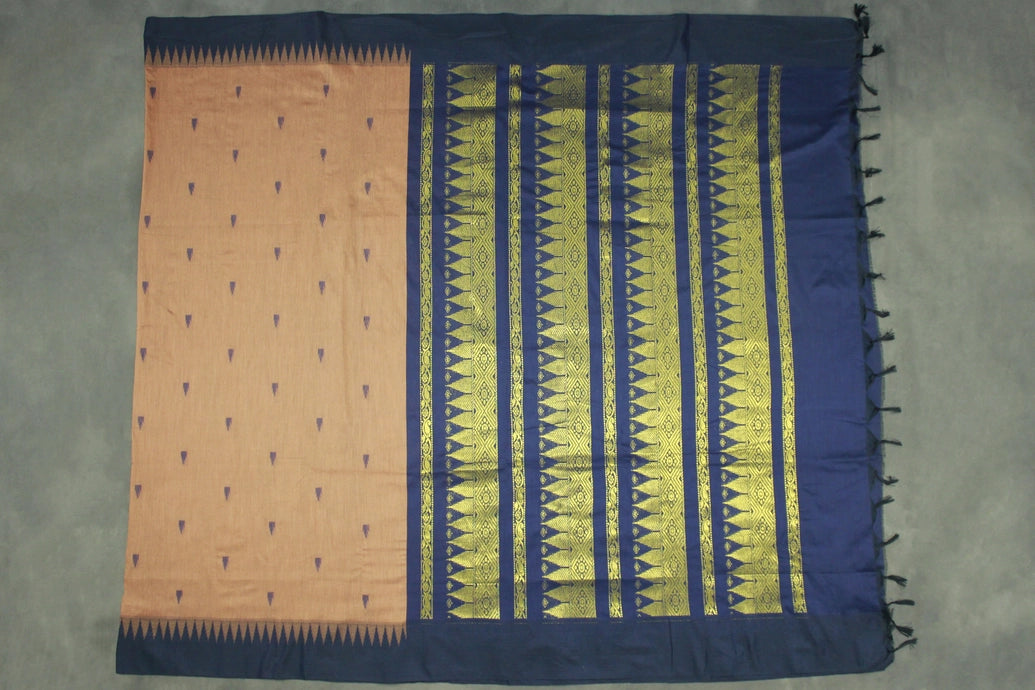 Brown Kalyani Cotton Saree with Puttas Design and Zari Border, Blouse Included