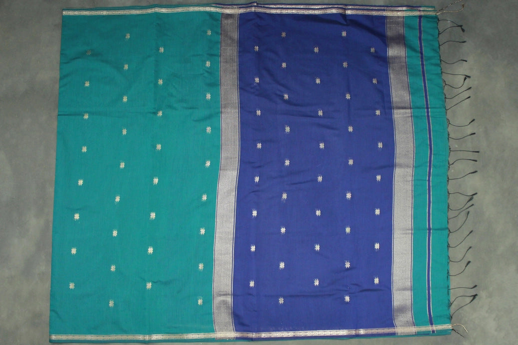 Dark Teal Maheswari Silk Cotton Saree with Small Butta and Zari Border