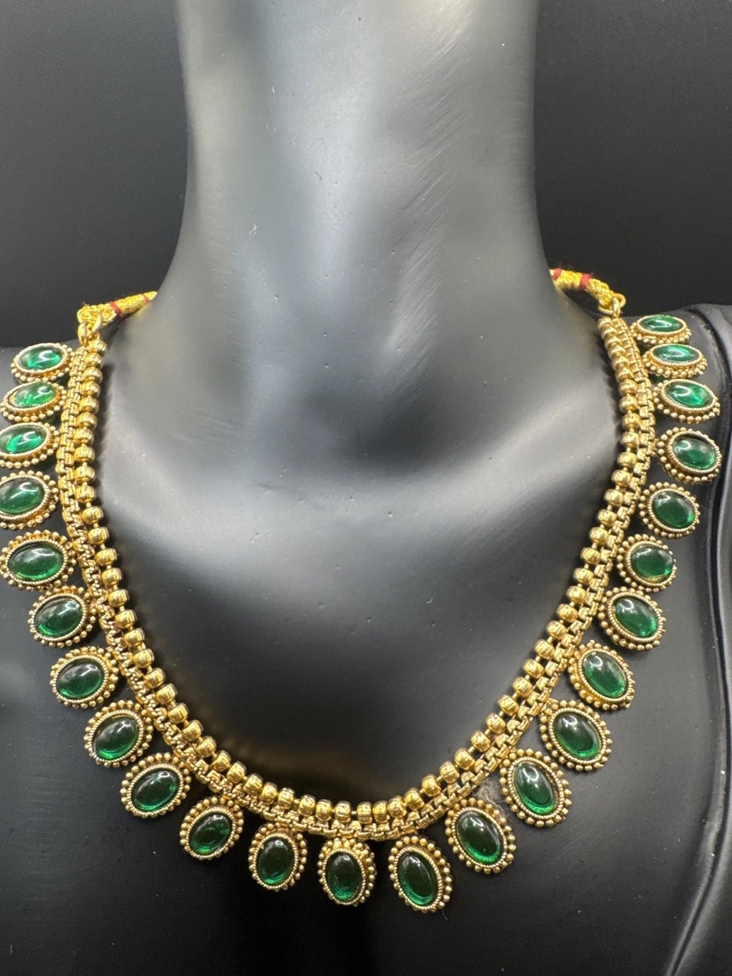 Traditional Gold-Tone Necklace Set with Oval Green or Pink Imitation Stones and Matching Earrings for Ethnic Wear