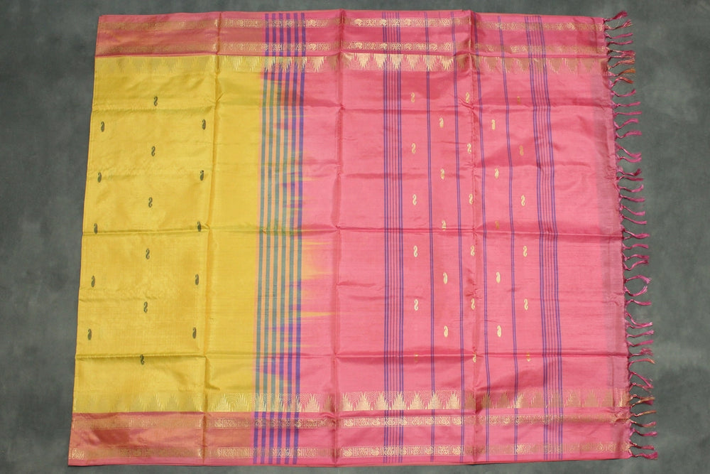 Banana Pith (Vaazhai Naar) Salmon Pink Saree with Gold-Tone Zari Border and Small Butta