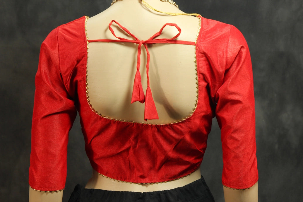 Red Raw Silk Padded Designer Blouse - Readymade Elbow Sleeve with Back Knot Blouse JCS Fashions