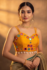 Navratri Mirror-Work Cowrie-Border Sleeveless Sweetheart Neck Blouse for Women in Embellished Finish