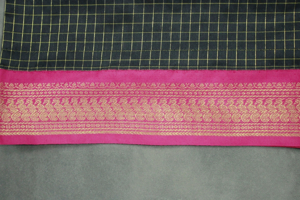 Kalyani Cotton Saree in Black with Zari Checked & Peacock Border and Blouse