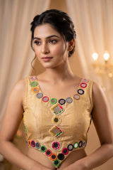 Mirror-Work Navratri Sleeveless Blouse with Pearl Bead Mirror Clusters and Diamond Motifs