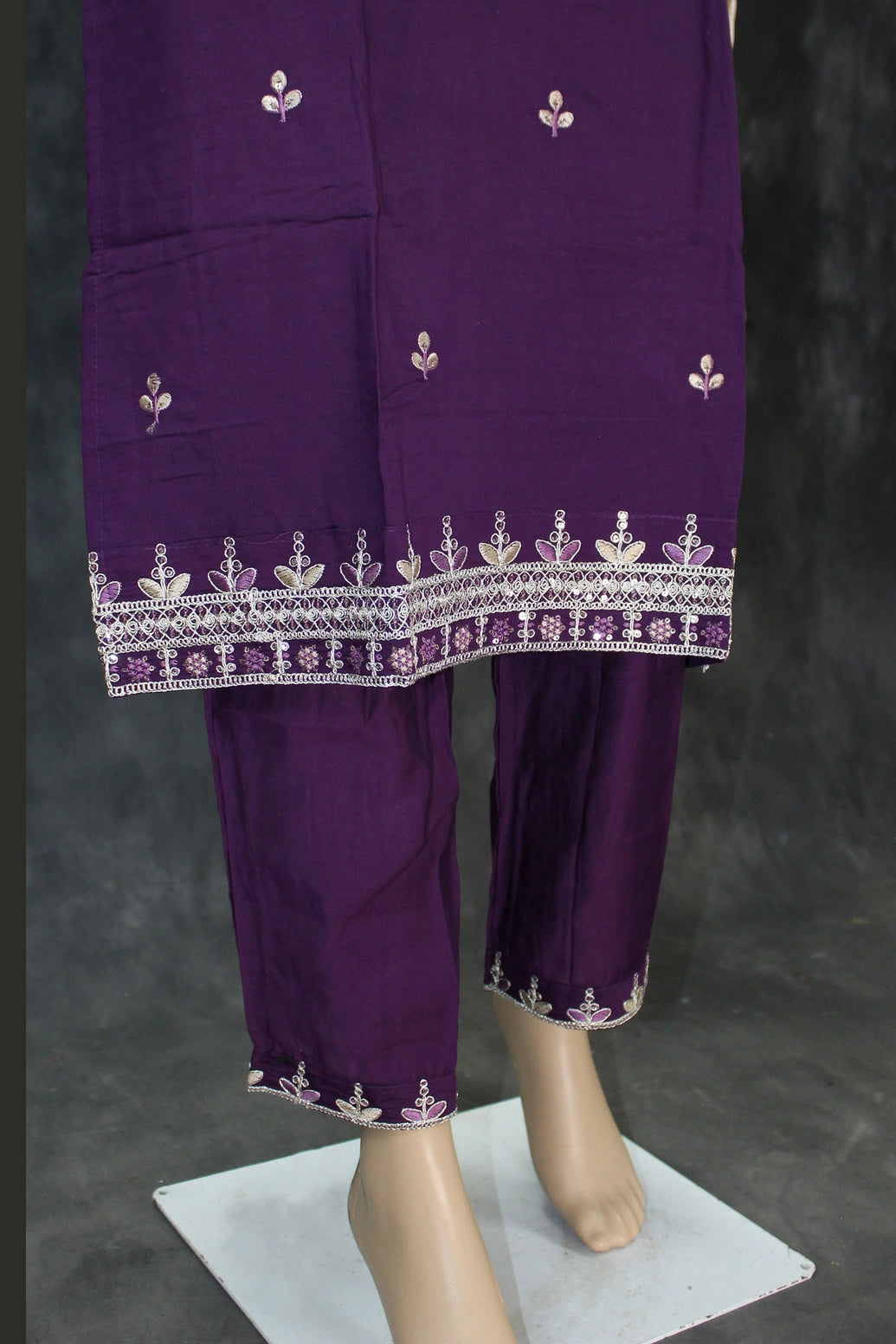 Dark Purple Roman Silk 3-Piece Kurti Set with Sequins Zari Work and Organza Dupatta