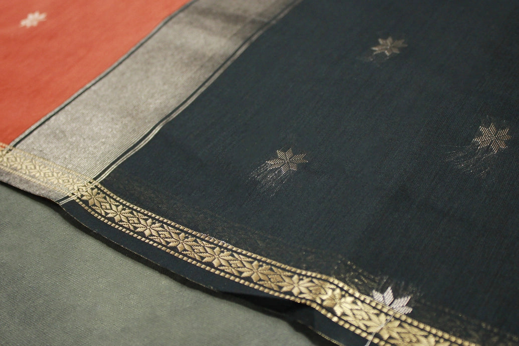 Maheswari Silk Cotton Saree in Brown with Small Butta and Zari Border and Blouse Piece