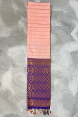 Peach Semi Soft Silk Saree with Contrast Border and Delicate Gold Zari Buttas
