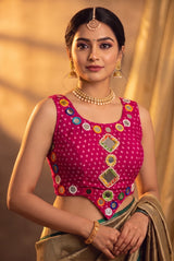 Bandhani Print Sleeveless Mirror-Work Blouse with Pearl Bead Mirror Clusters for Navratri, Festive Wear