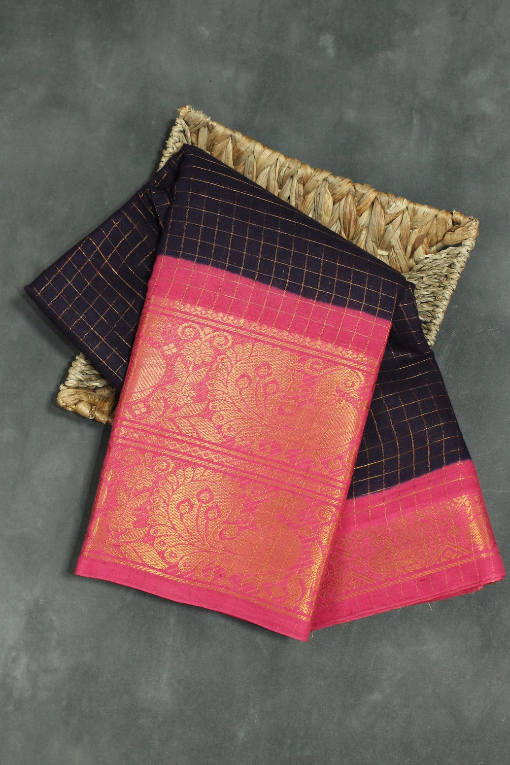 Dark Purple Sungudi Cotton Saree with Checked Zari Body and Pink Peacock Zari Double Border