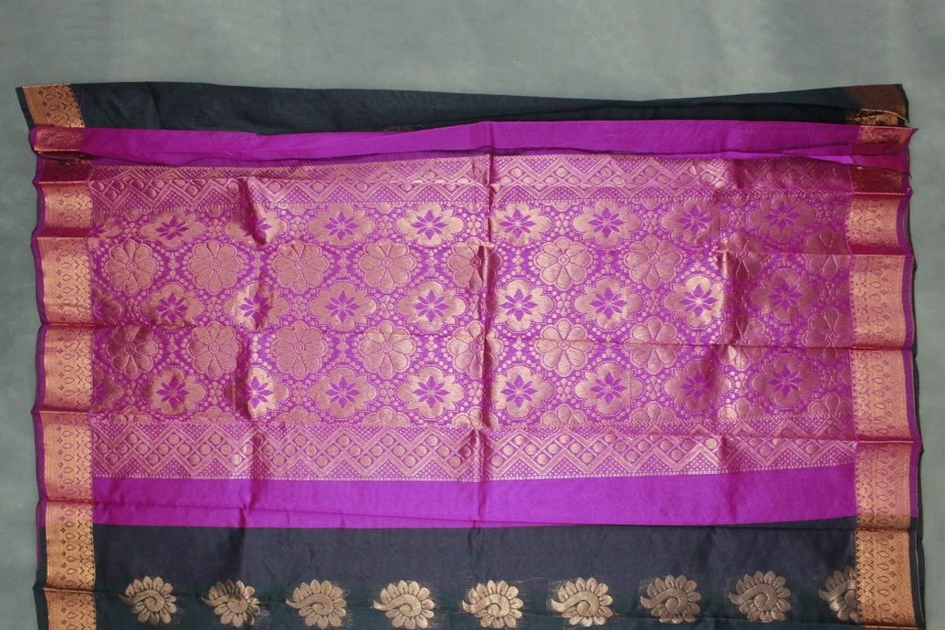 Black Silk Cotton Saree with Zari Floral Border and Blouse Piece, Traditional Wedding Festive Wear
