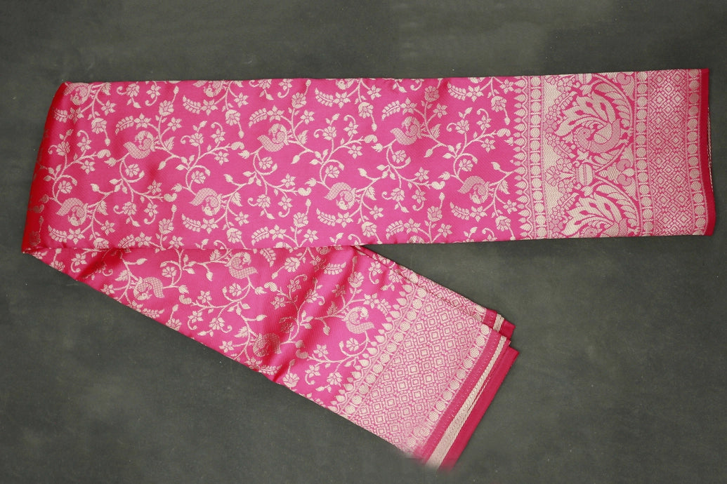 Red Banarasi Handloom Satin Saree with Woven Floral Embroidery Print and Blouse