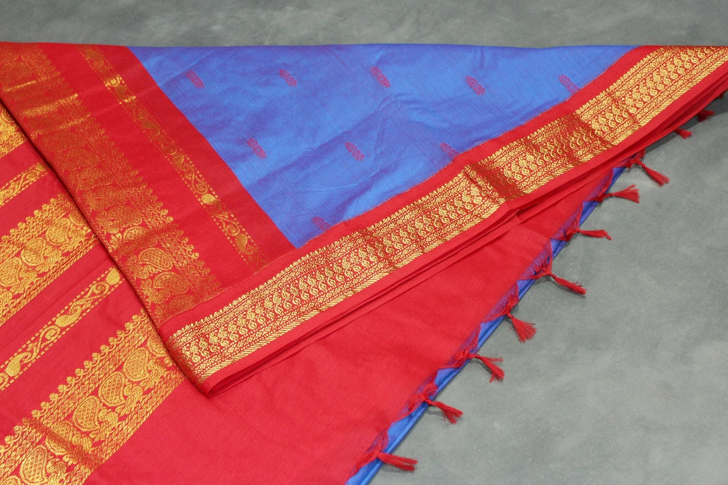 Kalyani Blue Cotton Saree with Red Zari Border & Putta Motifs, Blouse Included Saree JCS Fashions