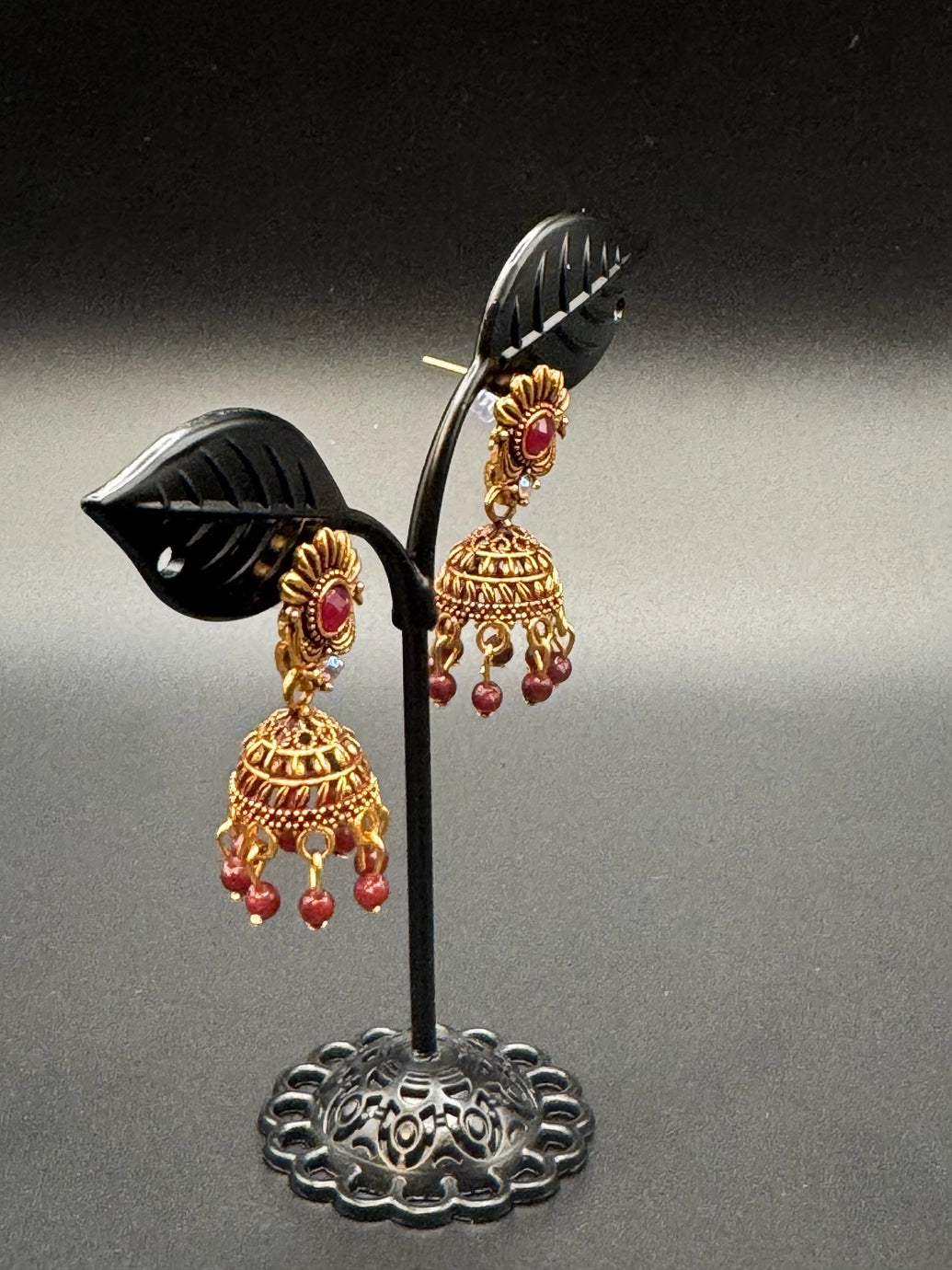 Antique Look Floral Jhumka Earrings - Gold-Tone Traditional Jhumkas in Maroon, Royal Blue, Light Blue, Pink & Green - Pair Jewelry JCS Fashions