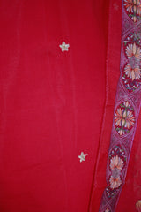 Dark Pink Roman Silk 3-Piece Kurti Set with Organza Floral Dupatta and Embroidered Neck