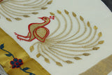 Pure Kerala Cotton White Saree with Gold Zari Peacock Embroidery and Blouse Piece