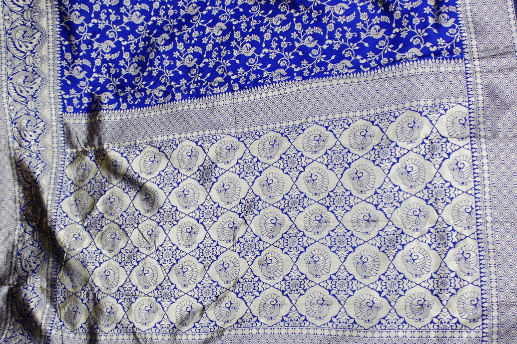 Blue Banarasi Handloom Satin Saree with Woven Embroidered Floral Print and Blouse