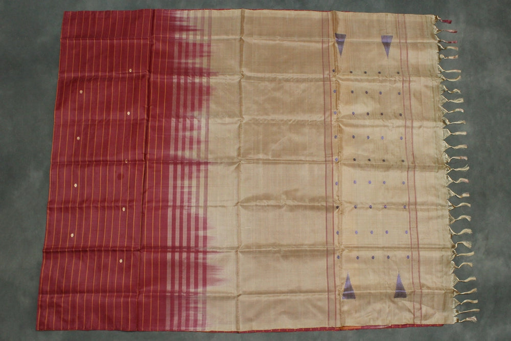 Handwoven Vaazhai Naar Banana Pith Saree in Brown with Small Purple Butta Motifs, Borderless Traditional Weave