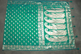 Green Soft Silk Banarasi Zari Saree with Floral and Mango Motifs, Contrast Border and Pallu, Tassels