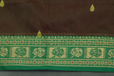 Brown & Green Printed Poly Cotton Butta Saree with Green Thread Border, Traditional Small Butta Motifs Saree JCS Fashions