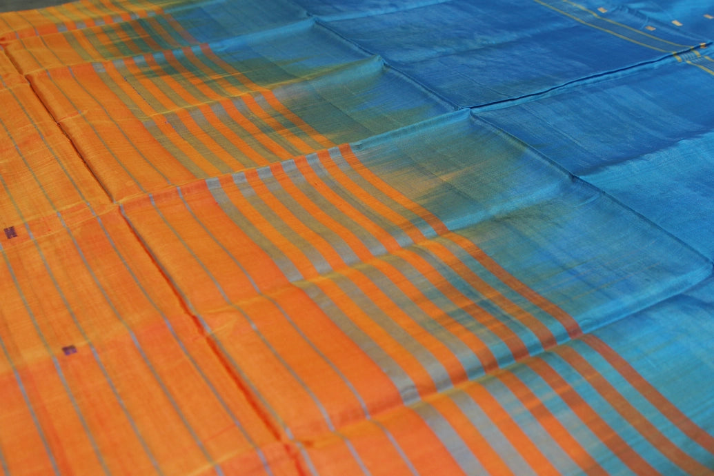 Blue & Orange Vaazhai Naar (Banana Pith) Saree with Small Gold Butta - Borderless Traditional Saree