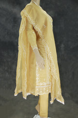 Light Beige Organza Kurti Salwar Suit Set with Khatli Work, Beads & Sequins, Roman Silk Bottom and Border Dupatta