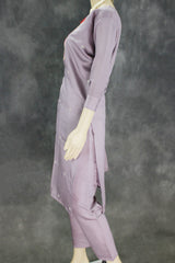 Purple Roman Silk 3-Piece Kurti Set with Elastic Pant and Organza Digital Dupatta