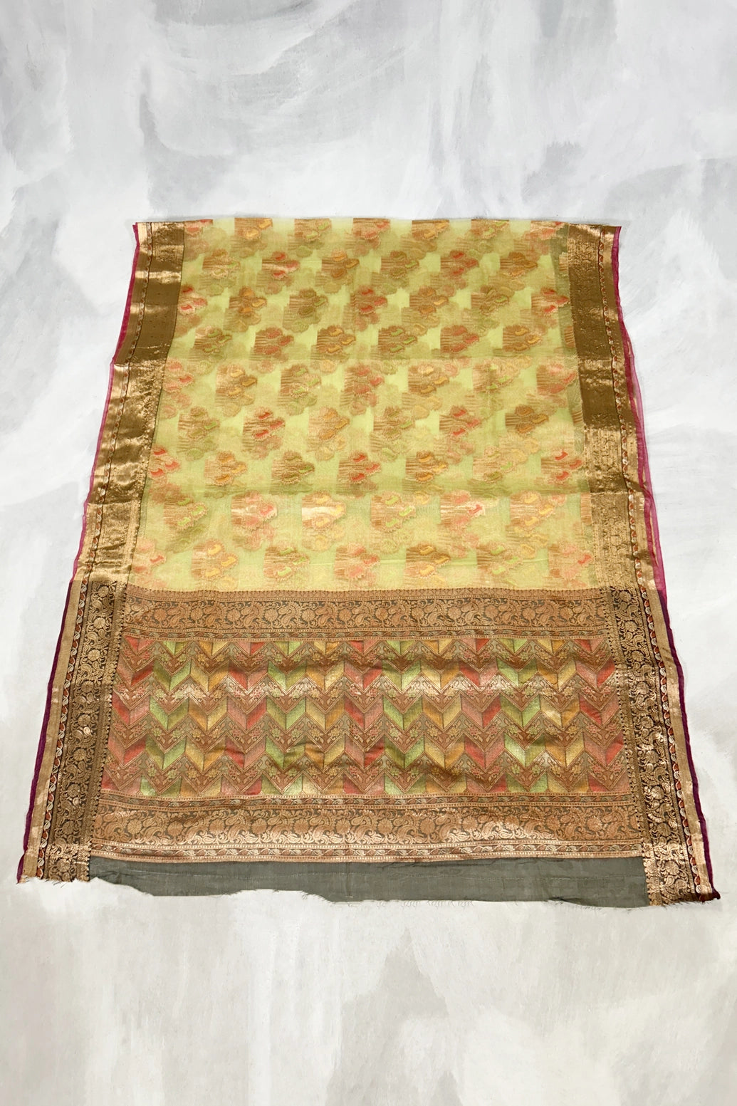 Green Cotton Oraganza Designer Saree with Grand Pallu, Zari Weaving Border & Blouse Piece