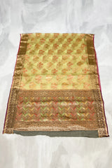 Green Cotton Oraganza Designer Saree with Grand Pallu, Zari Weaving Border & Blouse Piece