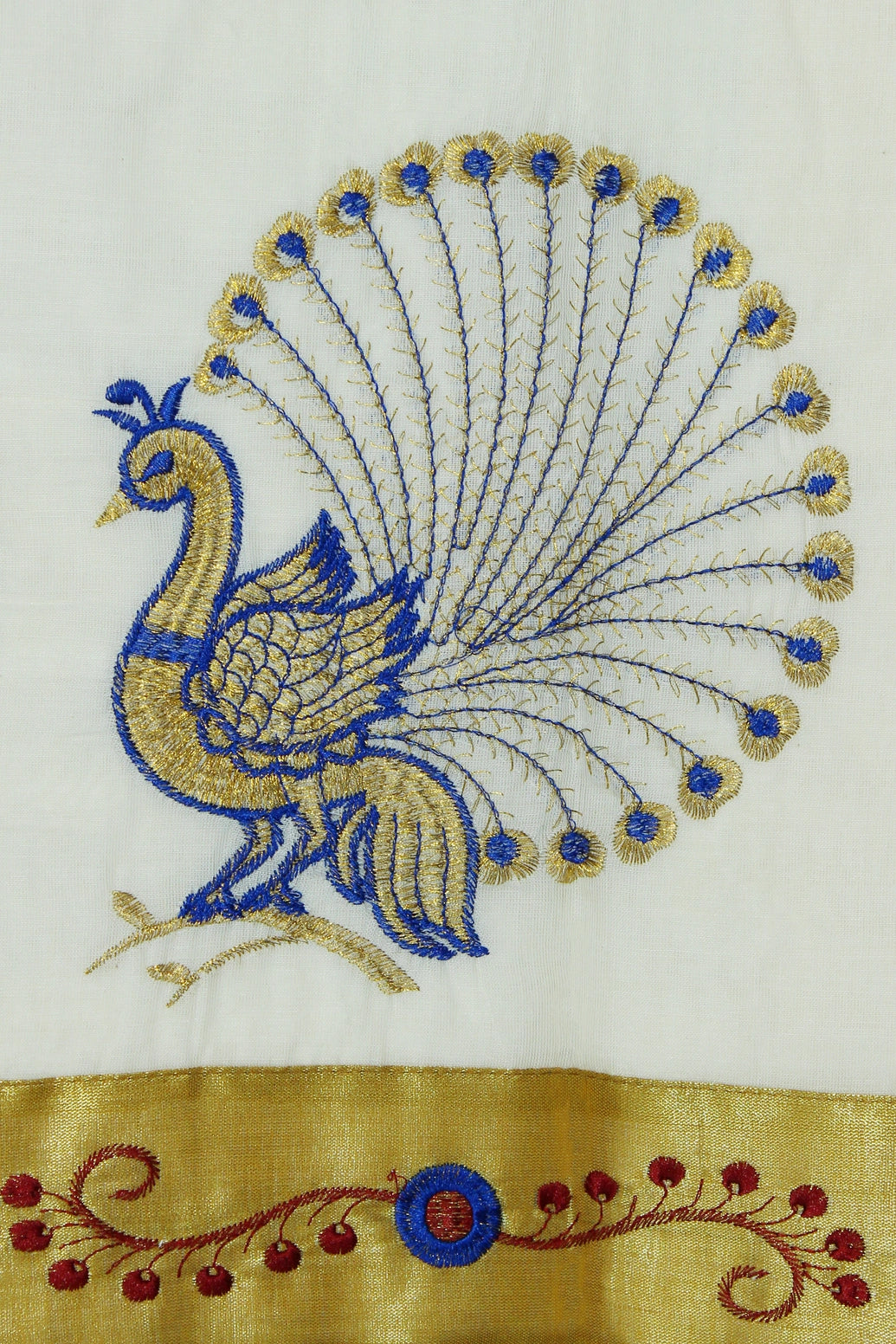 White Kerala Cotton Saree with Gold Zari Border and Peacock Embroidery | Blouse Piece