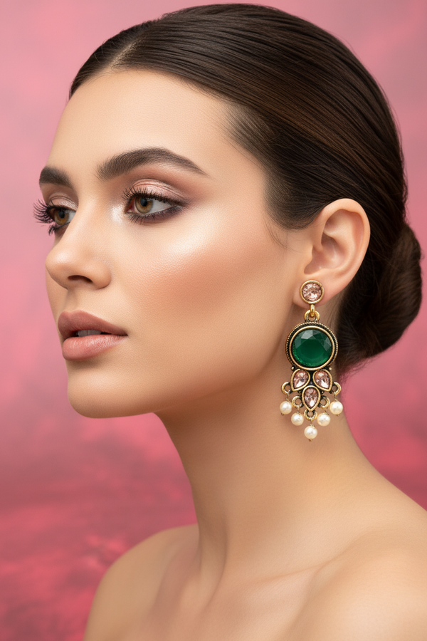 Green Antique Gold-Tone Pearl Drop Earrings with Floral Motif and White Bead Danglers – Traditional Indian Fashion Jewellery