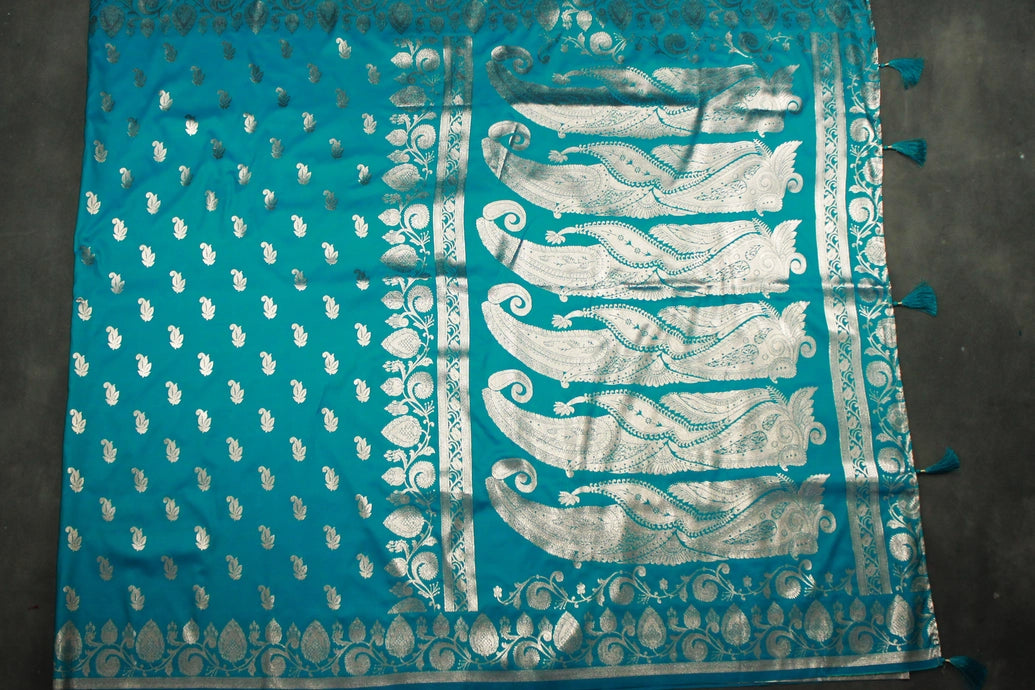 Rama Blue Banarasi Soft Silk Saree with Zari Floral & Mango Motifs and Traditional Border for Women