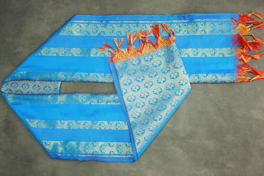 Blue Ponnadai Poly Silk Jacquard Temple Shawl with Zari Pattern & Tassels | Traditional 2m Function Dupatta