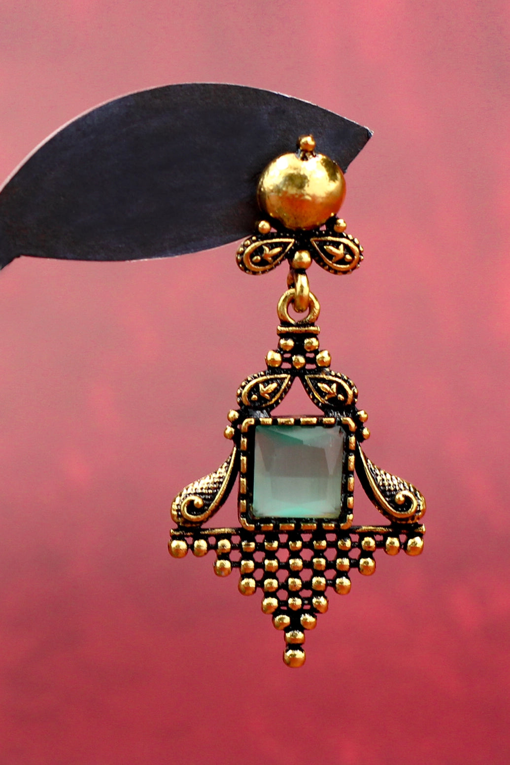 Mint Green Square Stone Dangling Earrings – Antique Gold Ornate Frame, 2.4 inch Indian Fashion Jewellery Jewelry JCS Fashions