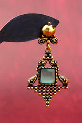 Mint Green Square Stone Dangling Earrings – Antique Gold Ornate Frame, 2.4 inch Indian Fashion Jewellery Jewelry JCS Fashions