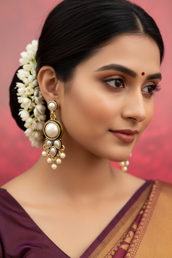 Antique Gold-Tone Pearl Drop Earrings with White Beads
