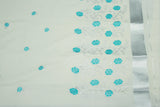 Half White Kerala Cotton Saree with Silver Zari Floral Embroidery and Thread Work