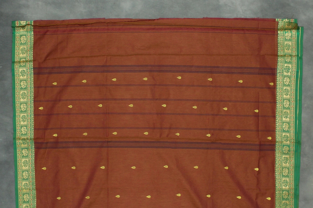 Chocolate Brown Poly Cotton Saree with Green Thread Border and Gold Butta Saree JCS Fashions