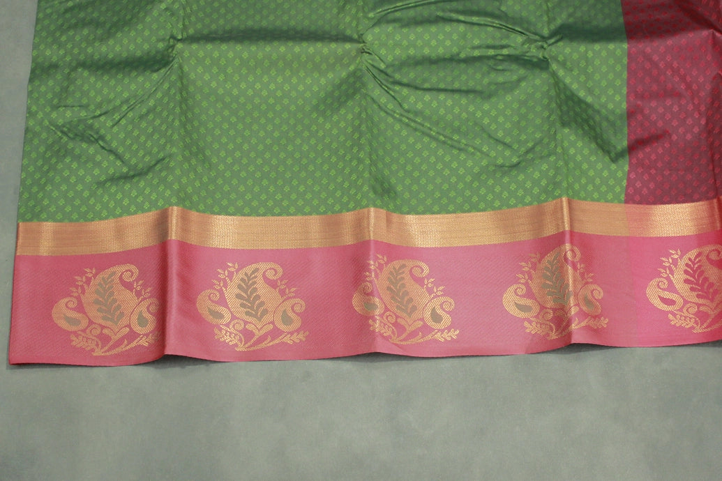 Dark Olive Green Emboss Silk Saree with Floral Design Satin Border and Blouse