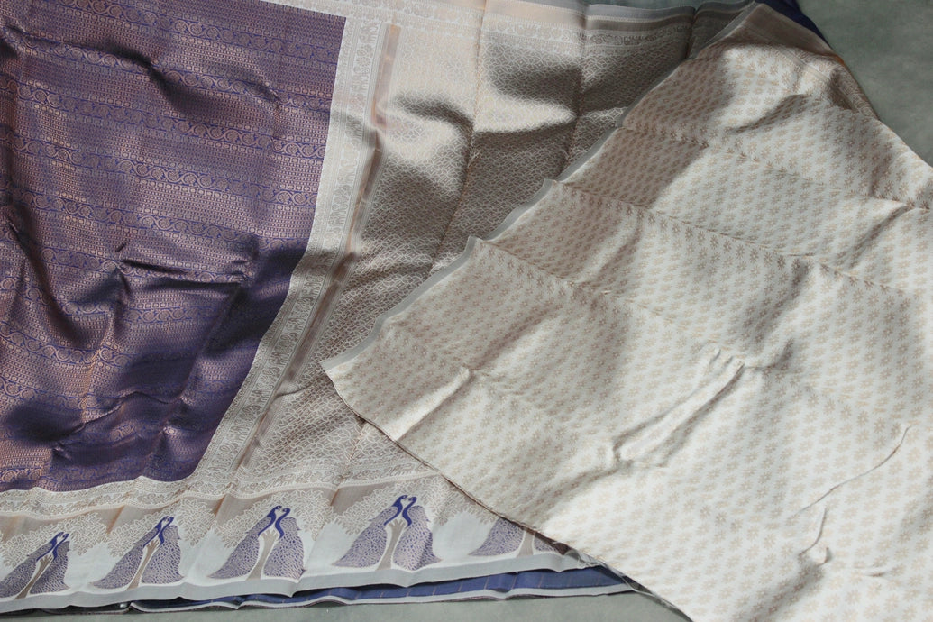 Dark Blue Kubera Pattu Saree with Peacock Border and Blouse