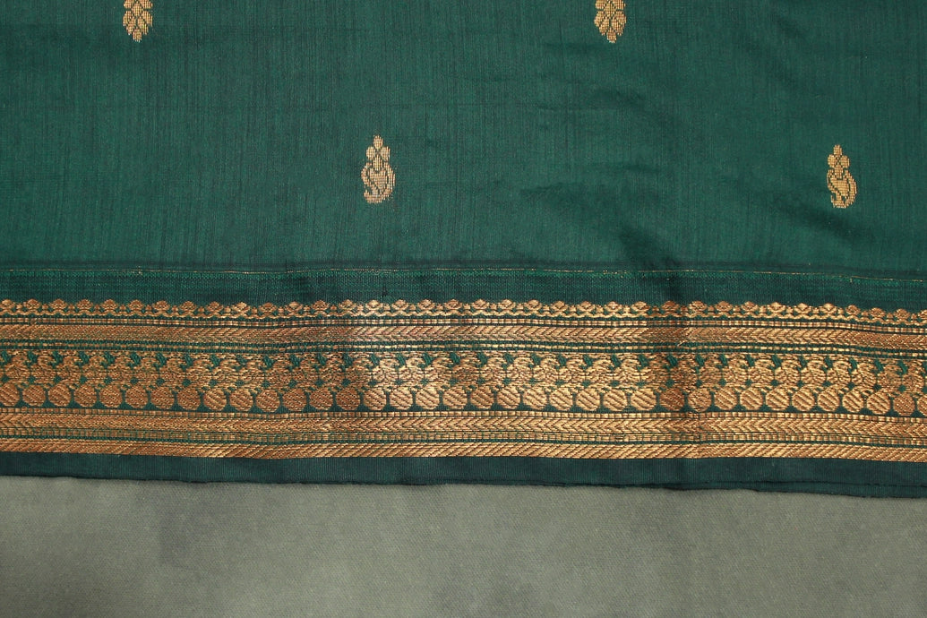 Green Kalyani Cotton Saree with Putta Design and Zari Border, Includes Blouse